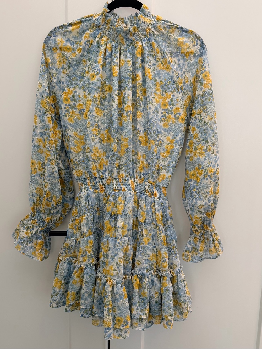 Fate Floral Smocked Neck Long Sleeve Mini Dress in Blue and Yellow